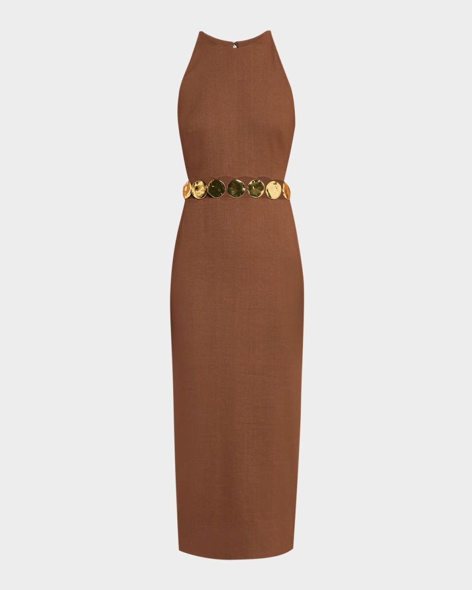 Isla Gold-Disc Linen Midi Dress